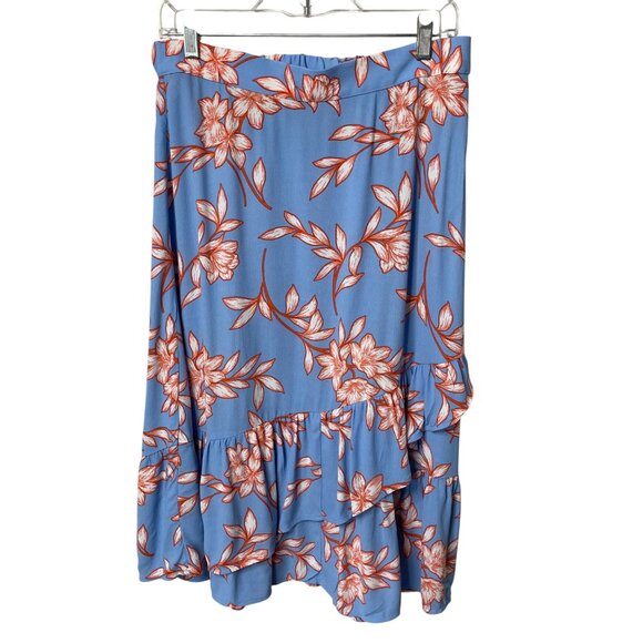Talbots Tiered Midi Skirt Flowing Hibiscus Floral Blue & Orange Women's Size M - Picture 2 of 8